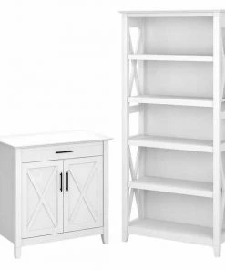 Bush Furniture Key West Secretary Desk W/ Storage and 5 Shelf Bookcase, Pure White Oak
