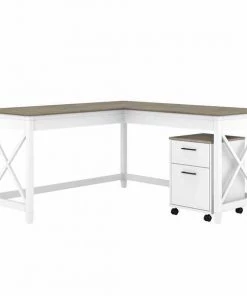 Bush Furniture Key West 60W L Shaped Desk W/ 2 Drawer Mobile File Cabinet, Pure White and Shiplap Gray