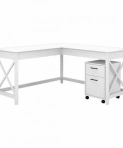 Bush Furniture Key West 60W L Shaped Desk W/ 2 Drawer Mobile File Cabinet, Pure White Oak