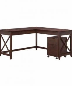 Bush Furniture Key West 60W L Shaped Desk W/ 2 Drawer Mobile File Cabinet, Bing Cherry