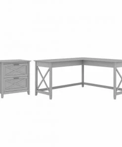 Bush Furniture Key West 60W L Shaped Desk W/ 2 Drawer Lateral File Cabinet, Cape Cod Gray