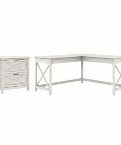 Bush Furniture Key West 60W L Shaped Desk W/ 2 Drawer Lateral File Cabinet, Linen White Oak