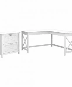 Bush Furniture Key West 60W L Shaped Desk W/ 2 Drawer Lateral File Cabinet, Pure White Oak