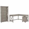 Bush Furniture Key West 60W L Shaped Desk W/ 2 Drawer Mobile File Cabinet and 5 Shelf Bookcase, Washed Gray