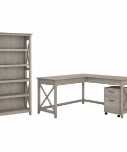 Bush Furniture Key West 60W L Shaped Desk W/ 2 Drawer Mobile File Cabinet and 5 Shelf Bookcase, Washed Gray