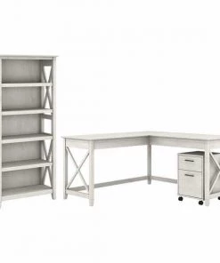 Bush Furniture Key West 60W L Shaped Desk W/ 2 Drawer Mobile File Cabinet and 5 Shelf Bookcase, Linen White Oak