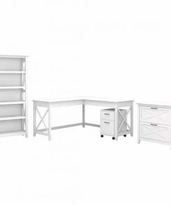 Bush Furniture Key West 60W L Shaped Desk W/ File Cabinets and 5 Shelf Bookcase, Pure White Oak