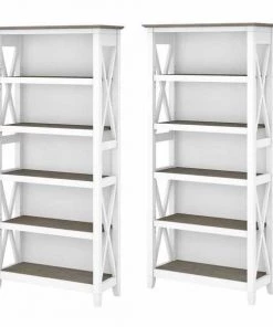 Bush Furniture Key West 5 Shelf Bookcase Set in Pure White and Shiplap Gray