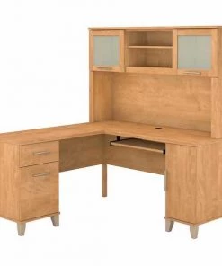 Bush Furniture Somerset 60W L Shaped Desk W/ Hutch in Maple Cross