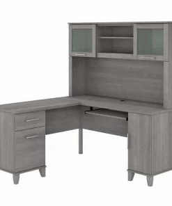 Bush Furniture Somerset 60W L Shaped Desk W/ Hutch in Platinum Gray