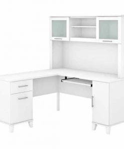 Bush Furniture Somerset 60W L Shaped Desk W/ Hutch in White