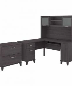 Bush Furniture Somerset 60W L Shaped Desk W/ Hutch and Lateral File Cabinet, Storm Gray