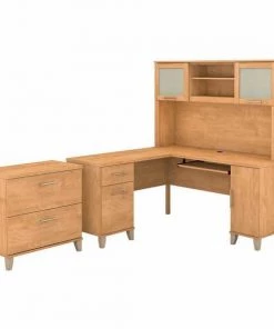 Bush Furniture Somerset 60W L Shaped Desk W/ Hutch and Lateral File Cabinet, Maple Cross
