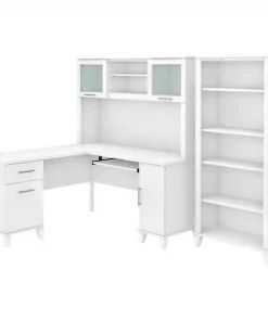 Bush Furniture Somerset 60W L Shaped Desk W/ Hutch and 5 Shelf Bookcase in White