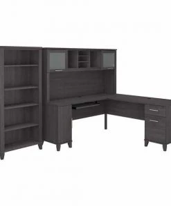 Bush Furniture Somerset 72W L Shaped Desk W/ Hutch and 5 Shelf Bookcase in Storm Gray