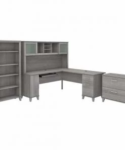 Bush Furniture Somerset 72W L Shaped Desk W/ Hutch, Lateral File Cabinet and Bookcase, Platinum Gray