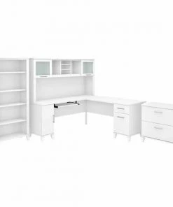 Bush Furniture Somerset 72W L Shaped Desk W/ Hutch, Lateral File Cabinet and Bookcase, White