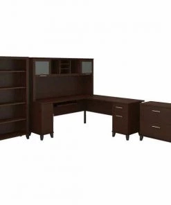 Bush Furniture Somerset 72W L Shaped Desk W/ Hutch, Lateral File Cabinet and Bookcase, Mocha Cherry