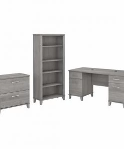 Bush Furniture Somerset 60W Office Desk W/ Lateral File Cabinet and 5 Shelf Bookcase, Platinum Gray