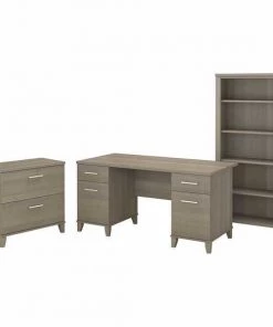 Bush Furniture Somerset 60W Office Desk W/ Lateral File Cabinet and 5 Shelf Bookcase, Ash Gray