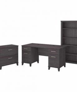 Bush Furniture Somerset 60W Office Desk W/ Lateral File Cabinet and 5 Shelf Bookcase, Storm Gray