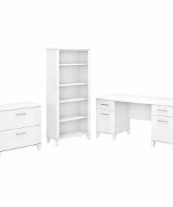 Bush Furniture Somerset 60W Office Desk W/ Lateral File Cabinet and 5 Shelf Bookcase, White