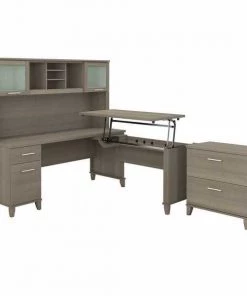 Bush Furniture Somerset 72W 3 Position Sit to Stand L Shaped Desk W/ Hutch and File Cabinet, Ash Gray