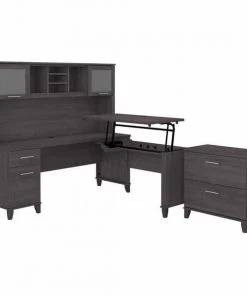 Bush Furniture Somerset 72W 3 Position Sit to Stand L Shaped Desk W/ Hutch and File Cabinet, Storm Gray
