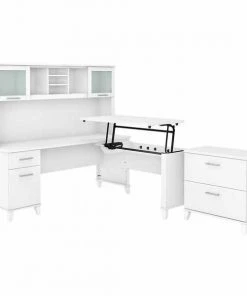 Bush Furniture Somerset 72W 3 Position Sit to Stand L Shaped Desk W/ Hutch and File Cabinet, White