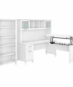 Bush Furniture Somerset 72W 3 Position Sit to Stand L Shaped Desk W/ Hutch and Bookcase, White