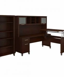 Bush Furniture Somerset 72W 3 Position Sit to Stand L Shaped Desk W/ Hutch and Bookcase, Mocha Cherry