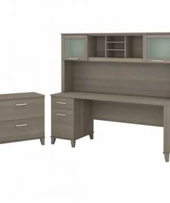 Bush Furniture Somerset 72W Office Desk W/ Hutch and Lateral File Cabinet in Ash Gray