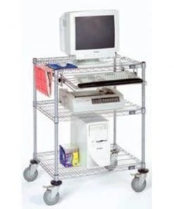 Global Equipment Nexel 3-Shelf Mobile Wire Computer LAN Workstation w/Keyboard Tray, 30"W x 24"D x 39"H, Chrome