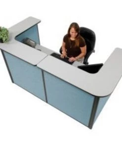 Global Equipment Interion U-Shaped Reception Station, 88" W x 44"D x 44"H, Gray counter, Blue Panel