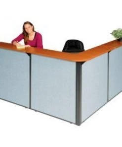 Global Equipment Interion L-Shaped Reception Station, 80"W x 80"D x 44"H, Cherry Counter, Blue Panel