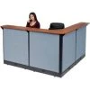 Global Equipment Interion L-Shaped Electric Reception Station, 80"W x 80"D x 46"H, Cherry Counter, Blue Panel