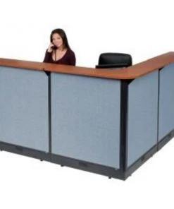 Global Equipment Interion L-Shaped Electric Reception Station, 80"W x 80"D x 46"H, Cherry Counter, Blue Panel