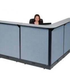 Global Equipment Interion L-Shaped Electric Reception Station, 80"W x 80"D x 46"H, Gray Counter, Blue Panel