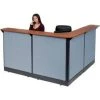 Global Equipment Interion L-Shaped Reception Station w/Raceway 80"W x 80"D x 46"H Cherry Counter Blue Panel