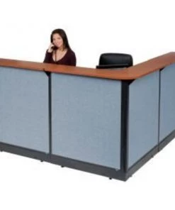 Global Equipment Interion L-Shaped Reception Station w/Raceway 80"W x 80"D x 46"H Cherry Counter Blue Panel