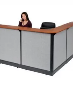 Global Equipment Interion L-Shaped Reception Station w/Raceway 80"W x 80"D x 46"H Cherry Counter Gray Panel