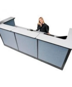Global Equipment Interion U-Shaped Electric Reception Station, 124"W x 44"D x 46"H, Gray Counter, Blue Panel