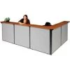 Global Equipment Interion L-Shaped Reception Station, 116"W x 80"D x 44"H, Cherry Counter, Gray Panel