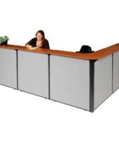 Global Equipment Interion L-Shaped Reception Station, 116"W x 80"D x 44"H, Cherry Counter, Gray Panel