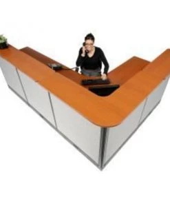 Global Equipment Interion L-Shaped Electric Reception Station, 116"W x 80"D x 46"H, Cherry Counter Gray Panel