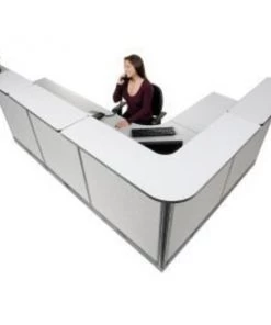 Global Equipment Interion L-Shaped Electric Reception Station, 116"W x 80"D x 46"H, Gray Counter, Gray Panel