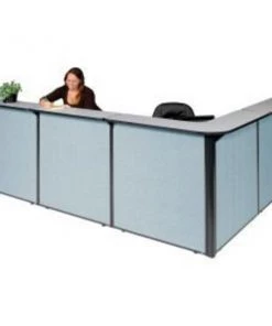 Global Equipment Interion L-Shaped Reception Station, 116"W x 80"D x 44"H, Gray Counter, Blue Panel