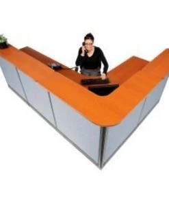 Global Equipment Interion L-Shaped Reception Station w/Raceway 116"W x 80"D x 46"H Cherry Counter Blue Panel