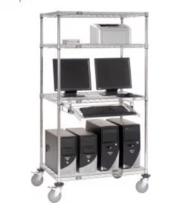 Global Equipment Nexel 4-Shelf Mobile Wire Computer LAN Workstation w/Keyboard Tray, 36"W x 24"D x 69"H, Chrome