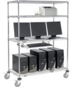 Global Equipment Nexel 4-Shelf Mobile Wire Computer LAN Workstation w/Keyboard Tray, 48"W x 24"D x 69"H, Chrome